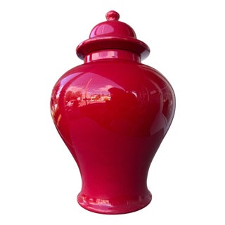 Red Ceramic Ginger Jar • Vintage Hollywood Regency Accent • 14" Tall For Sale