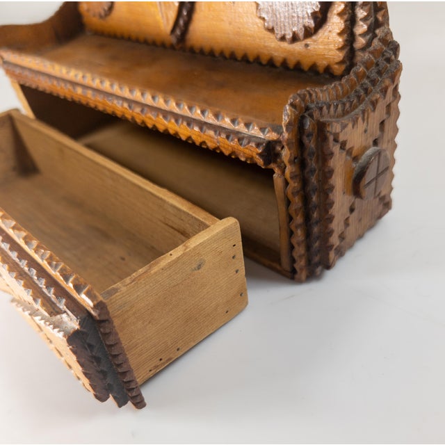 Early 20th Century Carved Folk Tramp Art Wood Wall Shelf Match Holder For Sale - Image 12 of 12