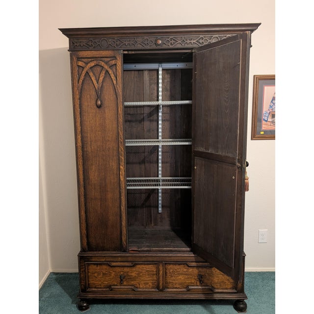 Antique Victorian Gothic Revival Armoire 19th Century, Handcarved Oak For Sale - Image 17 of 17