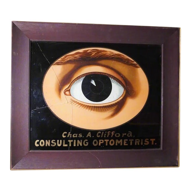 Mid 20th Century Chas A. Clifford, Consulting Optometrist, Reverse Paint on Glass, Framed For Sale