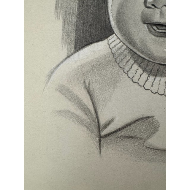 American 1940s Original Signed Graphite Illustration of Smiling Child Portrait, 10.75 × 8.75 In. For Sale - Image 3 of 6