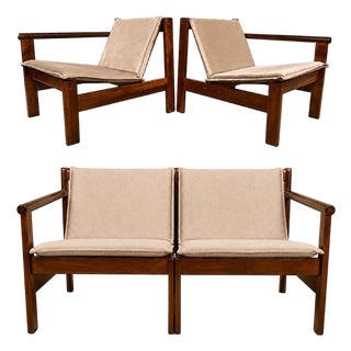 Michel Arnoult “Ouro Preto” Modular Loveseat / Pair of Open-Arm Lounge Chairs in Imbuia, Brazil, 1960s — Convertible Two-in-One Design For Sale
