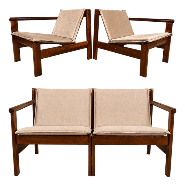Michel Arnoult “Ouro Preto” Modular Loveseat / Pair of Open-Arm Lounge Chairs in Imbuia, Brazil, 1960s — Convertible Two-in-One Design For Sale