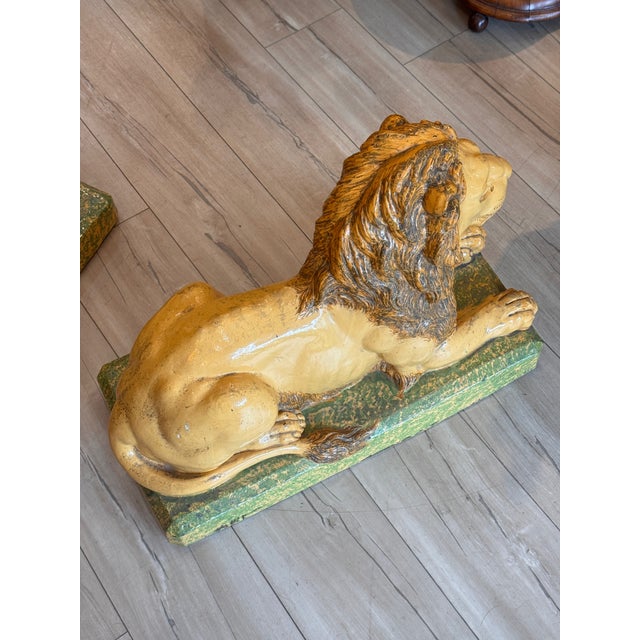 Pair of 19th Century French Faience Glazed Ceramic Recumbent Lions For Sale - Image 9 of 9
