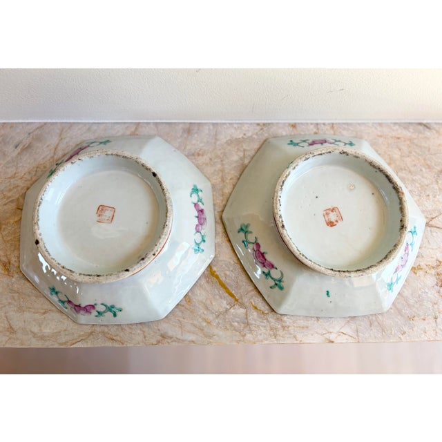 Antique Chinese Qing Famille Rose Rabbit & Peonies Footed Plates Dishes - a Pair For Sale - Image 9 of 11