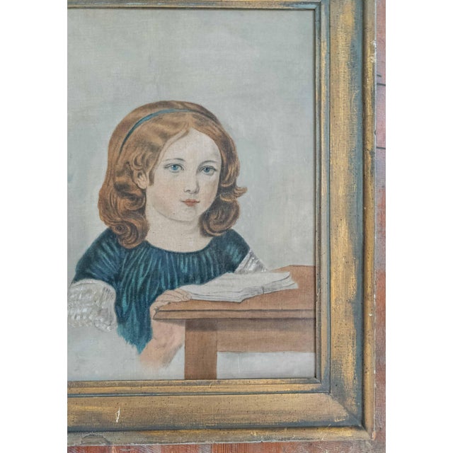 Wood 19th Century American Folk Art Portrait Painting of a Girl With a Book, Boston For Sale - Image 7 of 16