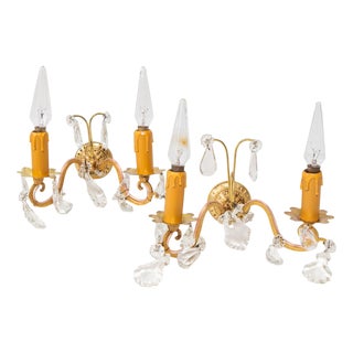 French Brass and Crystal Wall Sconces, 1950s, Set of 2 For Sale