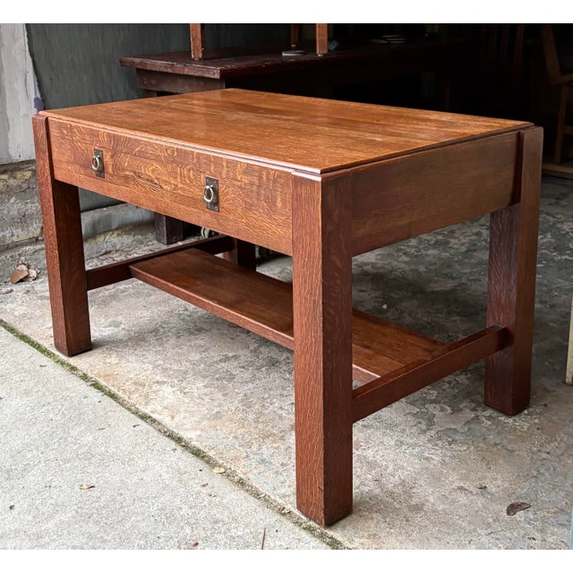 Handsome sturdy built old table that appears to have an older or possibly original finish. All quarter sawn oak, no...