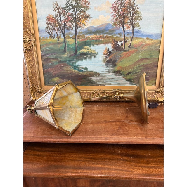 Gold Antique Arts and Crafts Brass and Slag Stained Glass Lamp c.1910 by Salo Metal Arts Company For Sale - Image 8 of 11