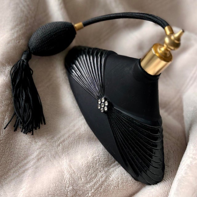 Art Deco Black matte glass perfume bottle with vaporizer. Crystal floret on front. Vintage French design perfume bottle,...