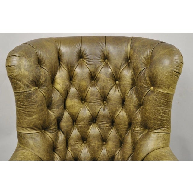 Late 20th Century Lillian August Brown Green Leather Chesterfield Club Lounge Chair & Ottoman For Sale - Image 5 of 12