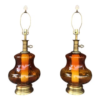 Antique Orange Glass & Brass Floor Lamps - A Pair For Sale