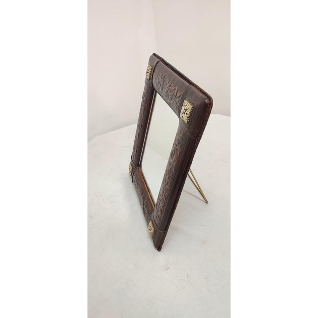 Metal Shrinked Leather Table Mirror, Spain, 1940s For Sale - Image 7 of 14