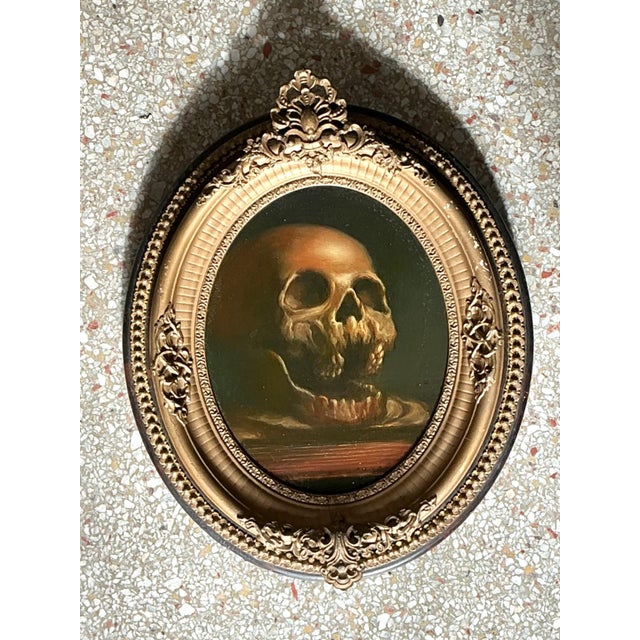 Vintage Skull Oil Painting in Ornate Frame For Sale - Image 9 of 12