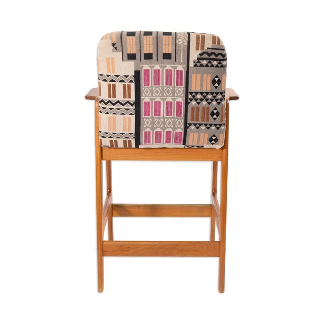 Set of 4 Mid Century Benny Linden Teak Barstools With Geometric Upholstery 1990s For Sale - Image 4 of 9