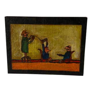 A Miniature Framed Naive Folk Art Painting From France Depicting Three Figures For Sale