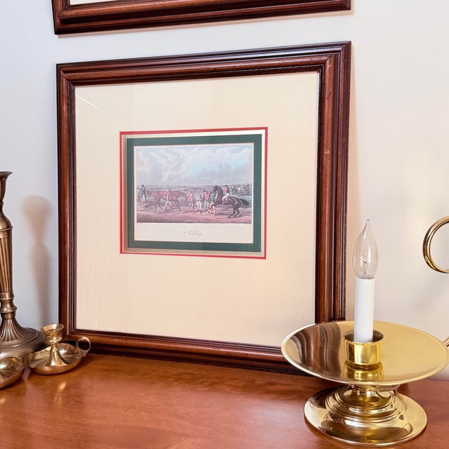 English Pair of Vintage English Equestrian Prints After Henry Alken — “Saddling” & “The Start” — Engraved by J. Harris, Mahogany Frames For Sale - Image 3 of 9