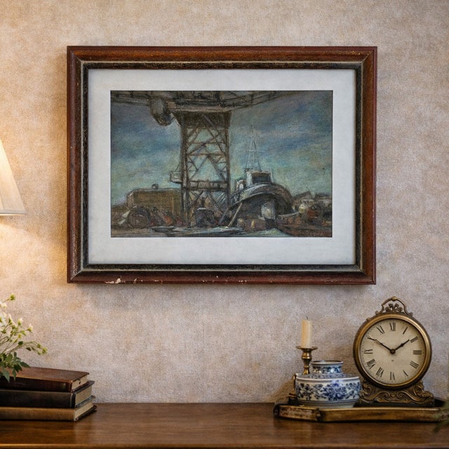 Catul Bogdan, Shipbuildings (Shipyard Scene), Pastel on Paper, 1970s, Framed For Sale - Image 3 of 5