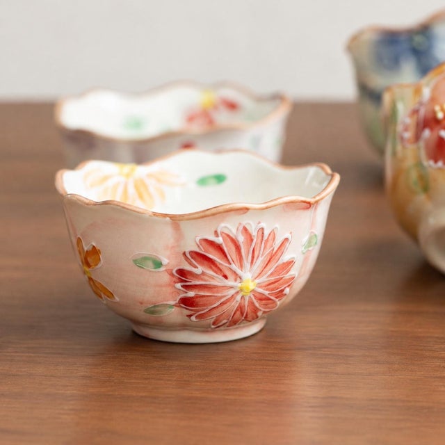 Underglaze Small, Petal-Shaped Bowl With Hand-Painted Cherry Blossoms - Set of 5 For Sale - Image 4 of 6