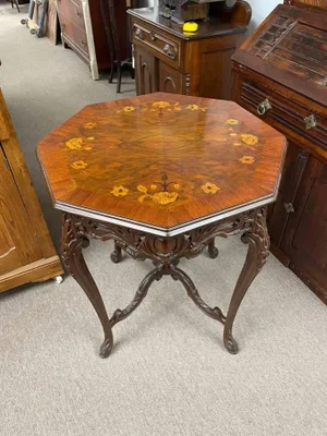 Antique Wooden Inlay Octogonal Burl Wood Top Table, Hand Carved Legs