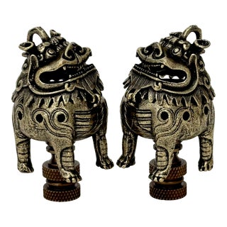 Foo Dog Lamp Finials in Antiqued Brass on Bronze Hardware - a Pair For Sale