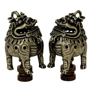 Foo Dog Lamp Finials in Antiqued Brass on Bronze Hardware - a Pair