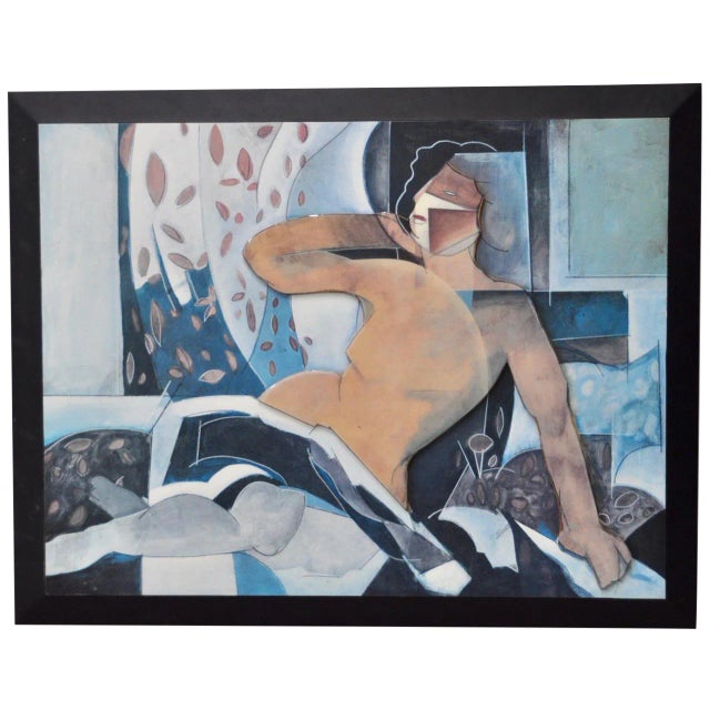 Vintage Cubist Mixed Media Reclining Nude C.1980s For Sale