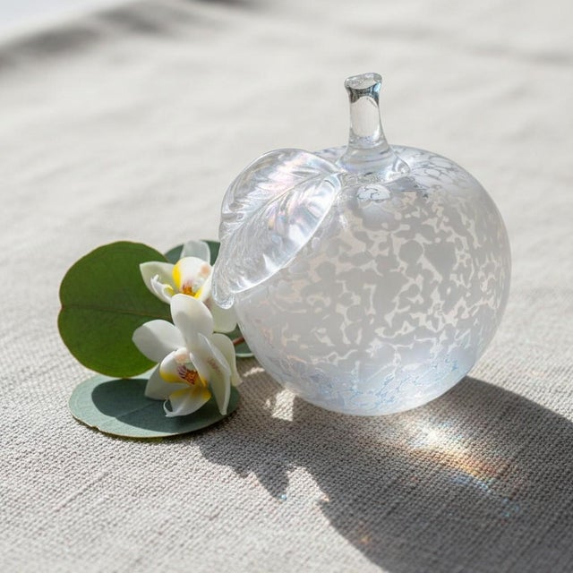 Contemporary Iridescent Art Glass Apple Paperweight-White Spatter Glass-Hand Blown-Sculpture For Sale - Image 3 of 8