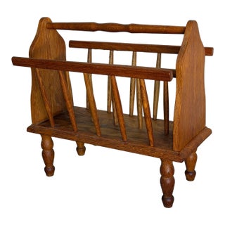 Vintage Oak Magazine Holder Standing Rack Newspaper Storage Floor Stand 1970s For Sale
