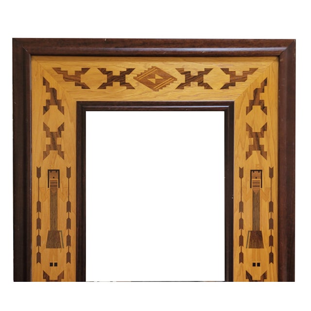 Vintage Hudson River Inlay beveled Mirror, inspired by Native Navajo pictorial Yei rug. Yei Chai showing the masked...