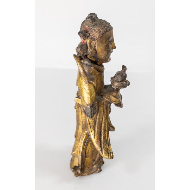 17th Century Ming or Qing Dynasty Chinese Gilt Bronze Daoist Attendant Figure For Sale - Image 4 of 14