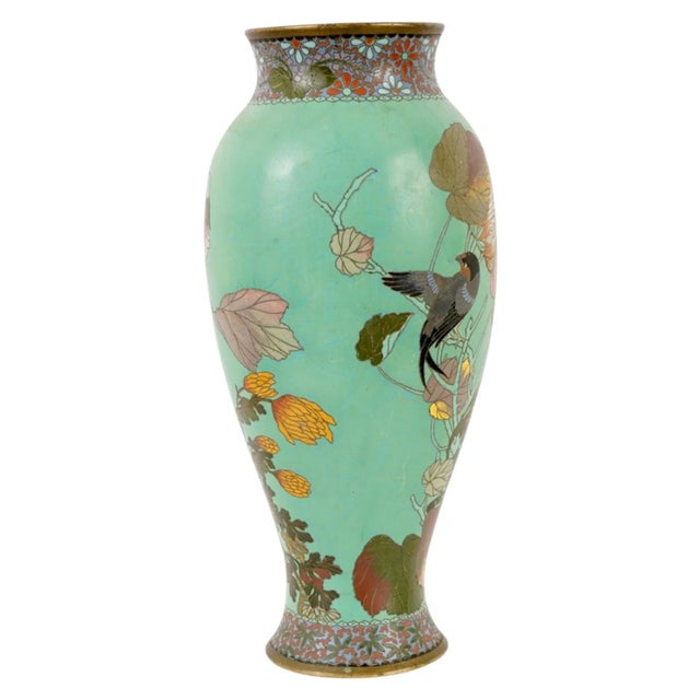 Japanese Japanese Cloisonne Enamel Vase Meiji Period Green Ground Bird Floral For Sale - Image 3 of 7