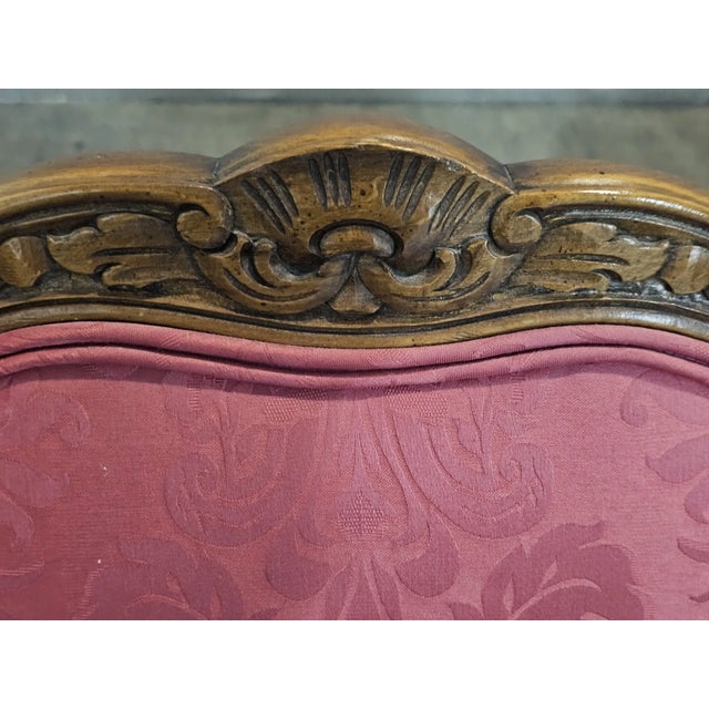 Pair of Late 20th Century Provincial French Country Walnut Carved Arm Chairs Rose Silk Damask Fabric For Sale - Image 11 of 13