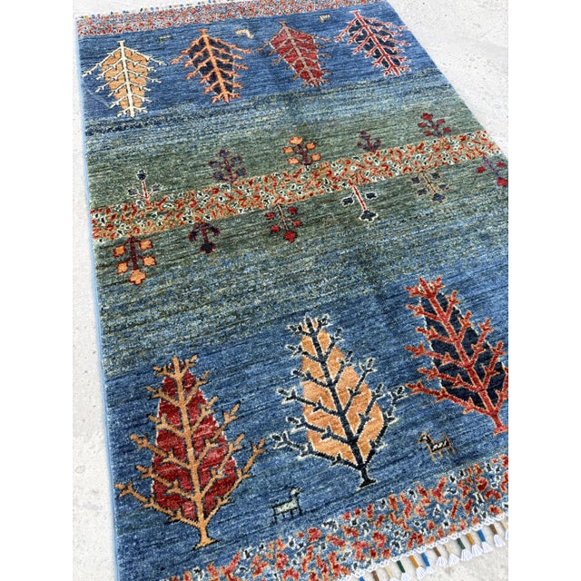 2000 - 2009 Gabbeh Tribal Area Rug, Hand-Knotted Wool, Trees, 3x5, Blue & Green For Sale - Image 5 of 10