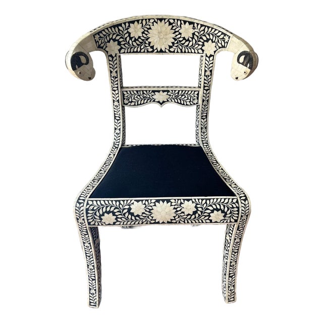 Early 20th Century Set of 4 Anglo-Indian style, bone inlay, ram's head dining chairs For Sale