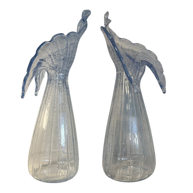 21 In. Tall Art Glass Clear Fluted Confetti Blue Speckled Flower Shaped Vase For Sale - Image 9 of 17