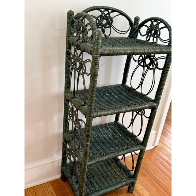 Vintage Green Wicker Shelf With Four Tiers For Sale - Image 4 of 10