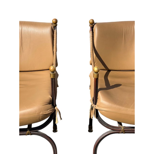 1990s Pair of Curule Leather and Brass Campaign Armchairs Styled After Steve Chase For Sale - Image 5 of 18