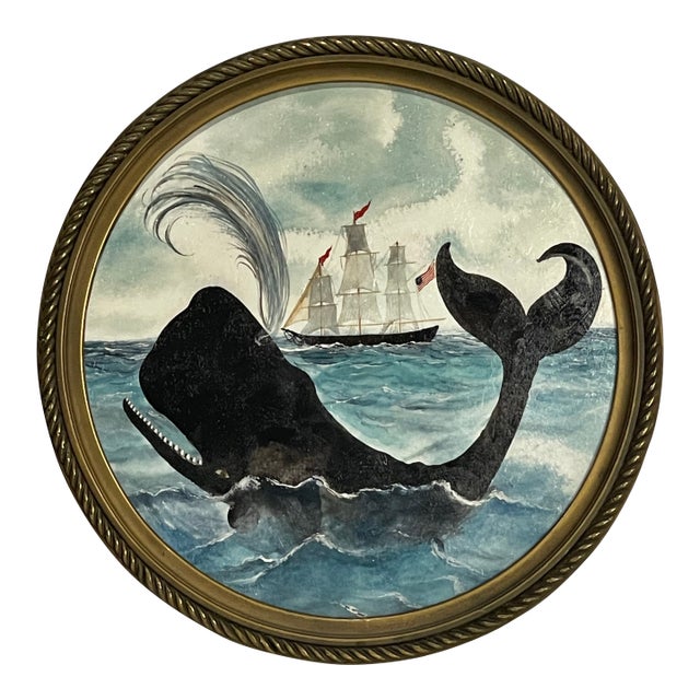 Whale & Sailing Ship Maritime Folk Art — 13” Hand-Textured Fine Art Print For Sale