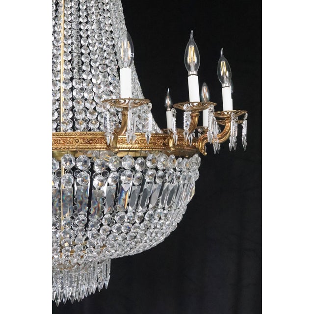 Metal Mid 20th Century Large Scale Empire Crystal & Brass Basket Chandelier For Sale - Image 7 of 15