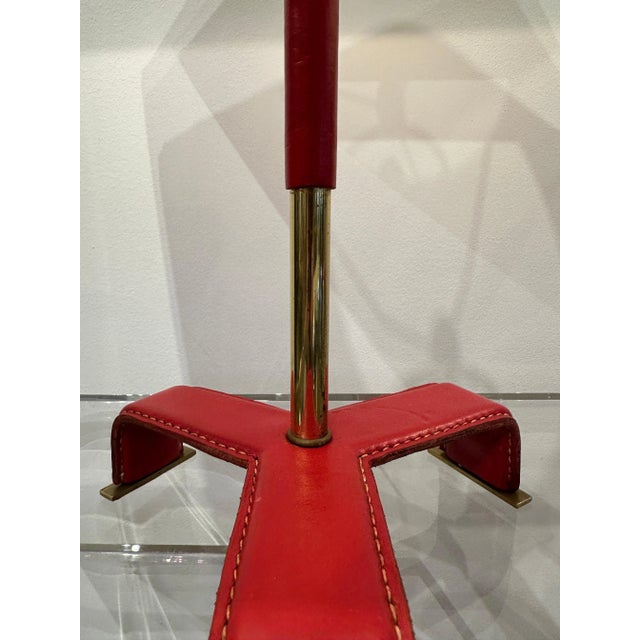 1950s Vintage Jacques Adnet Style Red Stitched Leather Table Lamps, 1950's France - a Pair For Sale - Image 5 of 12