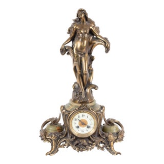 French Art Nouveau Gilt Bronze & Onyx Figural Mantel Clock Signed Ferrand, Circa 1900 For Sale