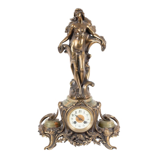 French Art Nouveau Gilt Bronze & Onyx Figural Mantel Clock Signed Ferrand, Circa 1900 For Sale
