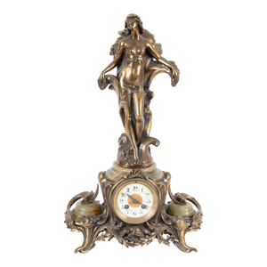 French Art Nouveau Gilt Bronze & Onyx Figural Mantel Clock Signed Ferrand, Circa 1900
