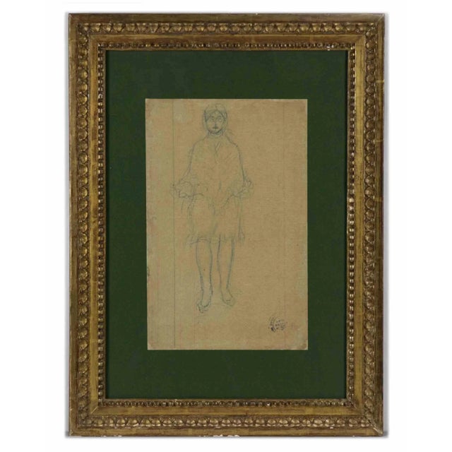 Female figure is an original modern artwork realized by Aristide Maillol in the early 20th Century. Blue colored pastel on...