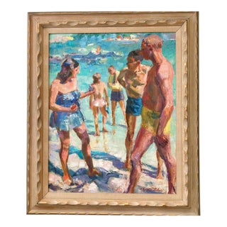1950s "On The Beach" Figurative Oil Painting by Charlotte Brass, Framed For Sale