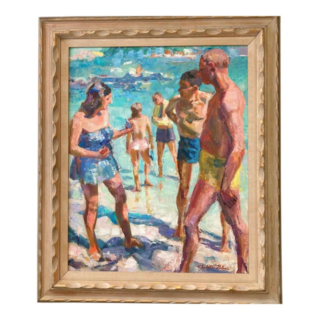 1950s "On The Beach" Figurative Oil Painting by Charlotte Brass, Framed For Sale