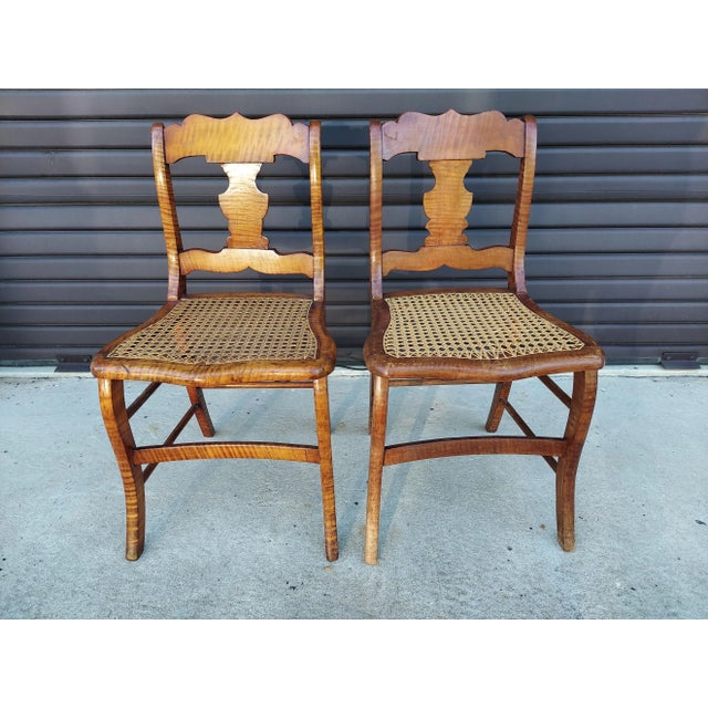 Victorian Matching Pair of Antique Tiger Maple Chairs With Cane Seats For Sale - Image 3 of 17