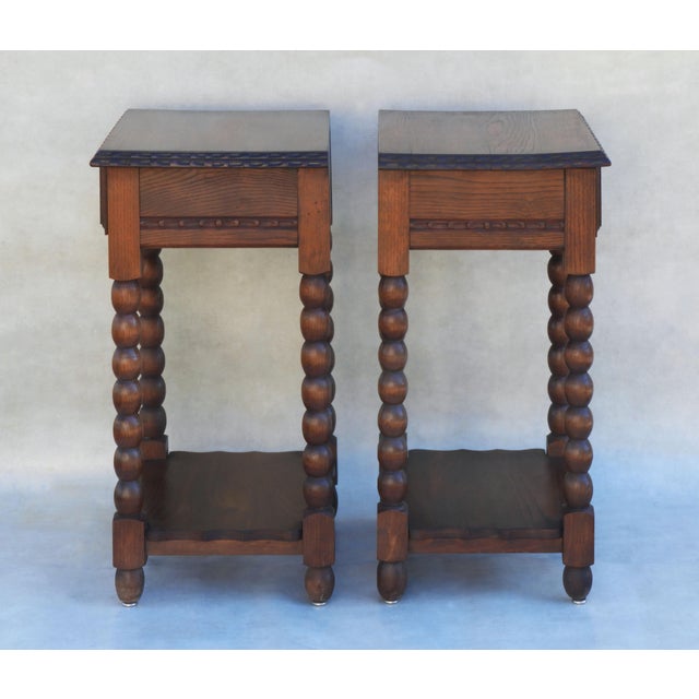1930s Neo-Basque Carved Oak Single Drawer Nightstands by Charles Dudouyt, France, 1930s, Set of 2 For Sale - Image 5 of 11