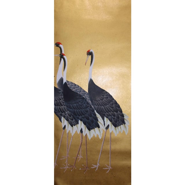 Hand Painted Golden Crane Scenic Wallpaper Mural – Luxury Metallic Gold Leaf Wallcovering For Sale - Image 4 of 9